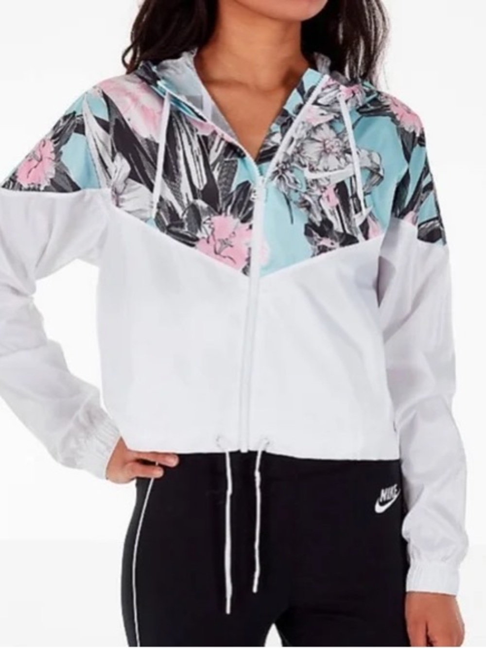 Nike White Windbreaker Jacket with Pastel Pink & Aqua Floral Accents